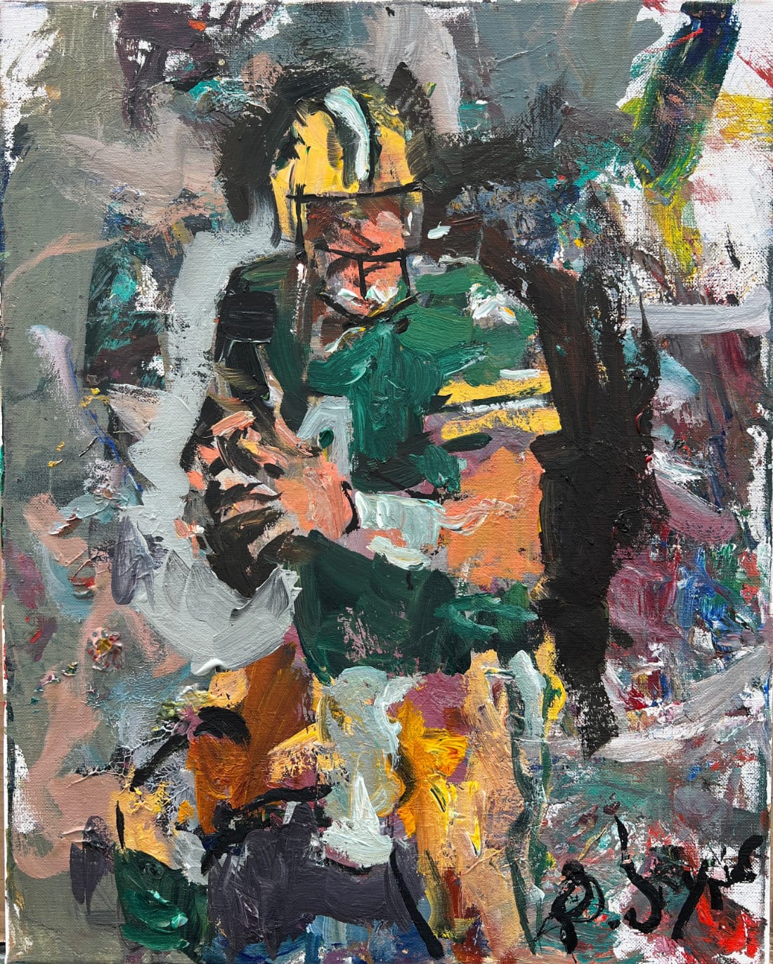 Brett Favre Green Bay Packers original painting showing quarterback in action, expressive acrylic sports art by Robert Joyner