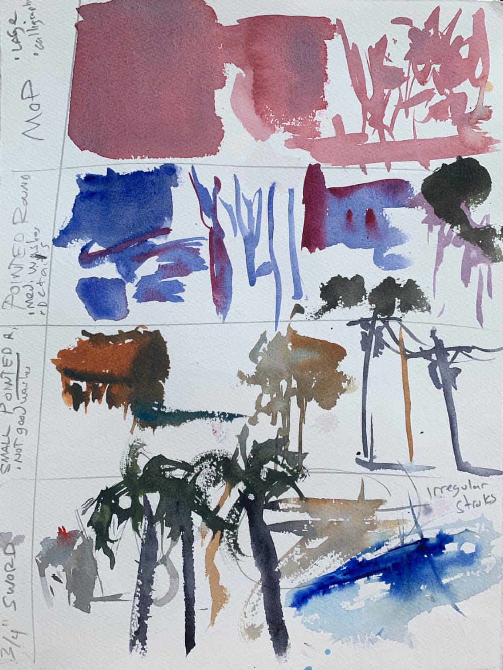 Watercolor brushwork techniques using variety of brushes