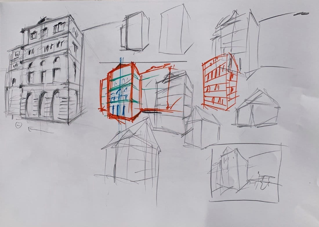 Building drawing foundation method demonstration showing multiple architectural sketches progressing from basic box construction to detailed buildings, with red and teal construction lines highlighting systematic approach to perspective and structure