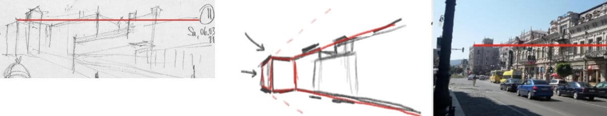 Building drawing critique showing student sketch with wrong perspective angles making buildings appear to drop downhill, compared to reference photo and teacher corrections with proper rising perspective lines