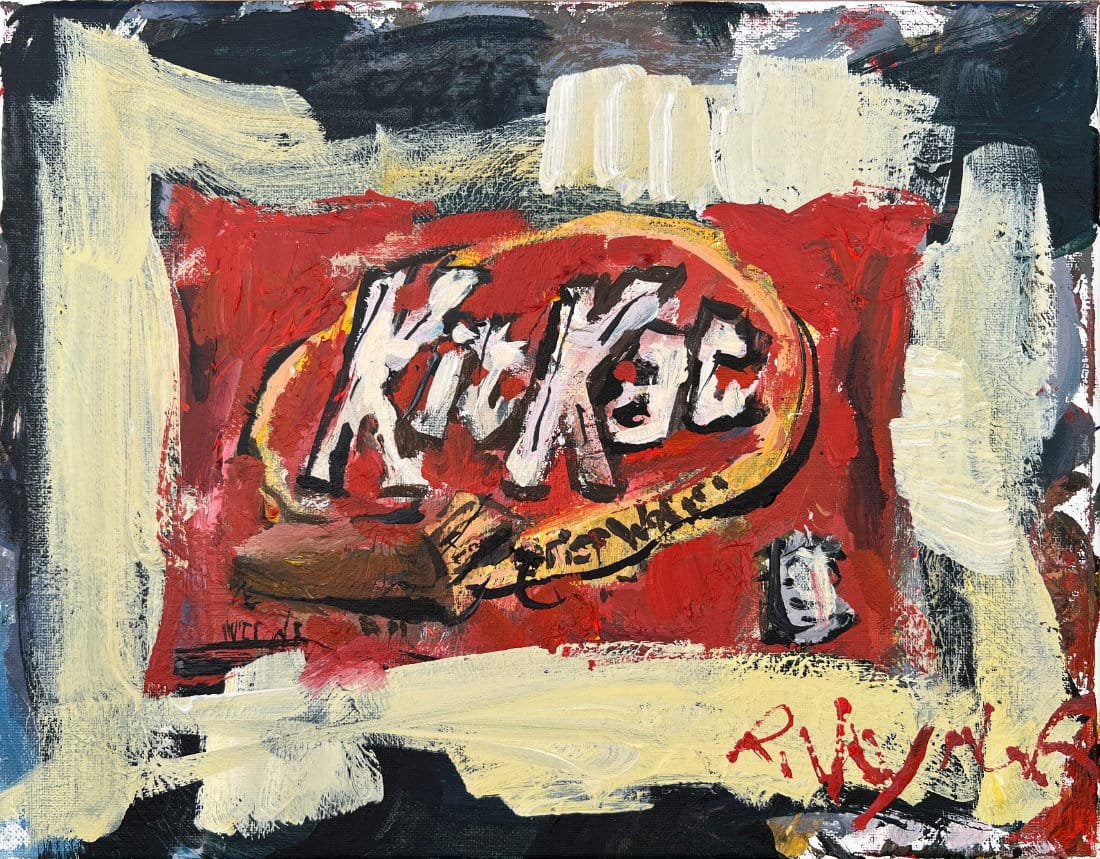 Kit Kat chocolate bar candy painting in red wrapper, colorful food pop art on canvas
