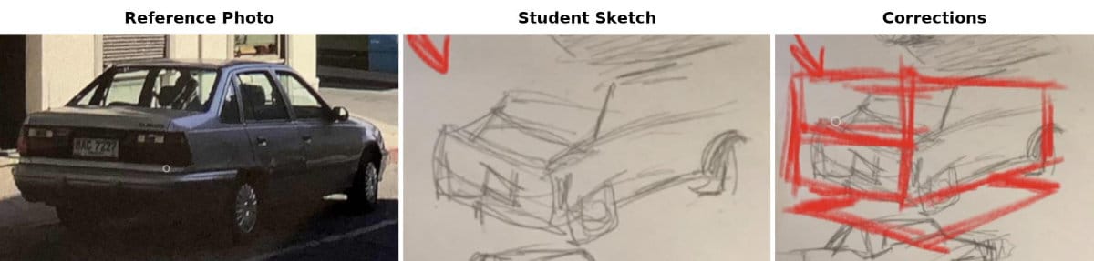 Car drawing critique demonstrating tracking lines concept with reference photo, student sketch with tracking errors, and teacher corrections showing proper perspective lines and tire placement