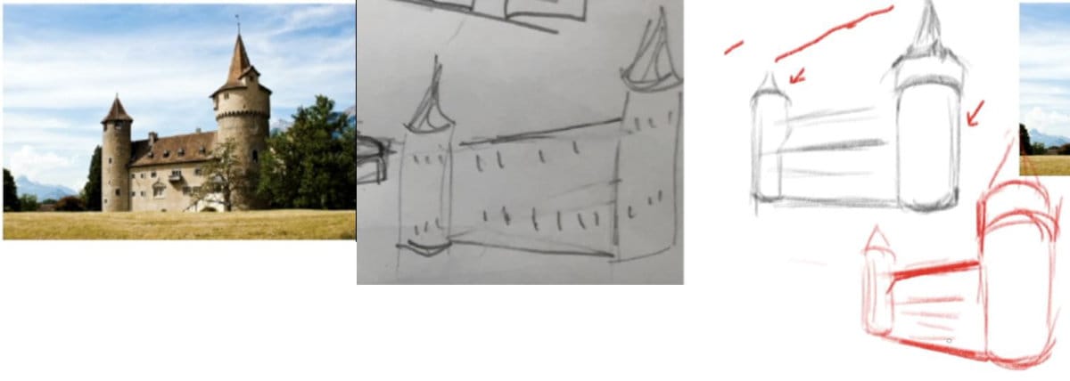 Castle building critique showing student errors with cylindrical tower perspective and scale relationships, compared to reference photo with teacher corrections for proper curved perspective