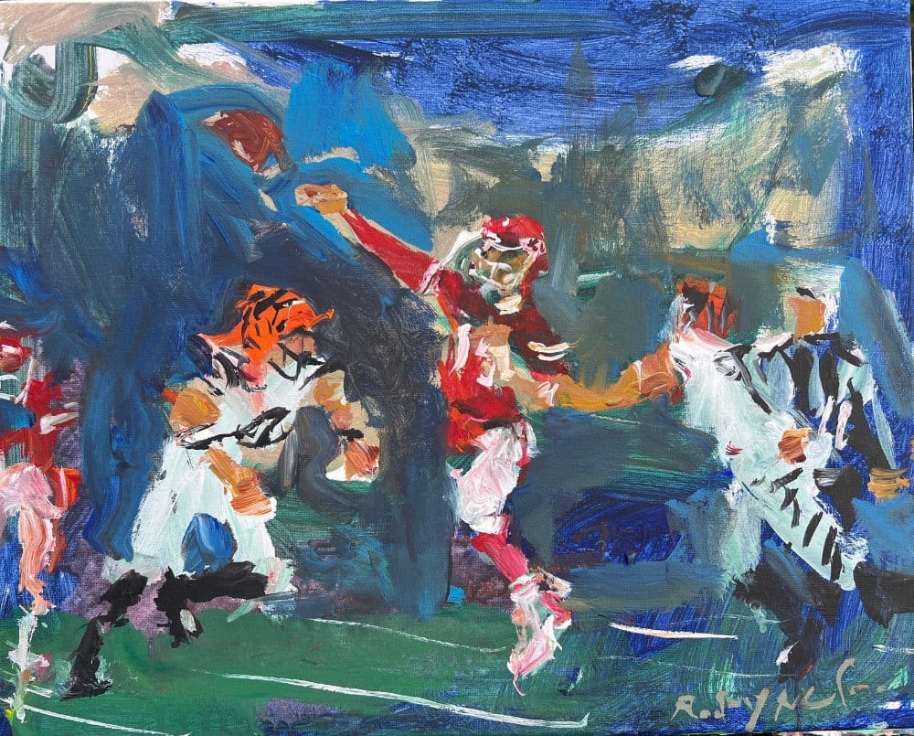 Mixed media artwork of Patrick Mahomes magic throw at Arrowhead Stadium