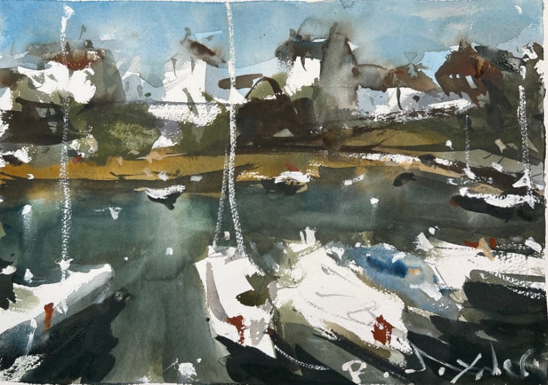 White sailboats in harbor - loose watercolor painting idea
