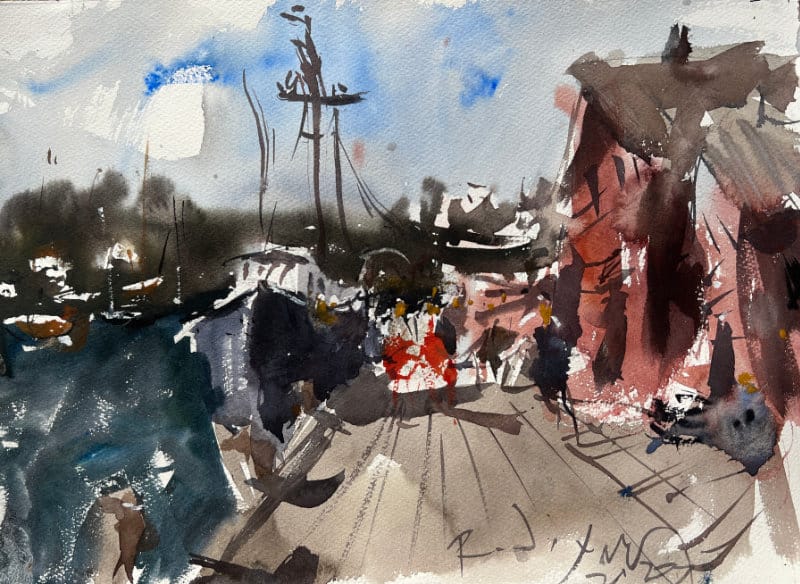 Loose dock scene with fishing boats - watercolor painting idea