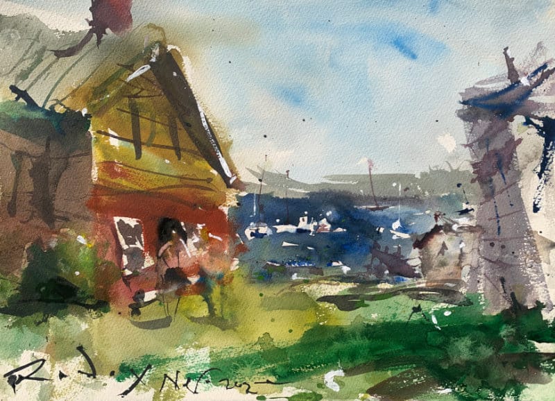 Maine landscape watercolor - coastal scene with homes and lobster boats