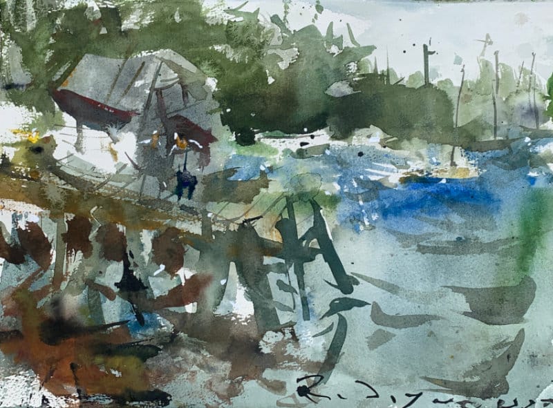 Expressive watercolor - dock with lobster boats