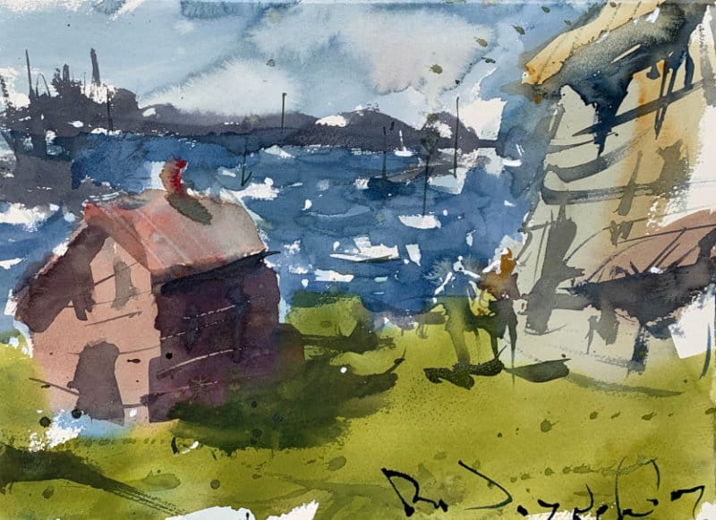Advanced watercolor seascape painting with coastal village