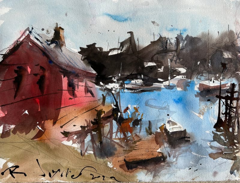 Watercolor coastal landscape painting idea with harbor and boats