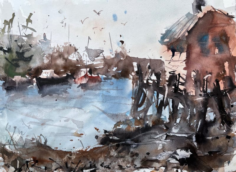 Watercolor coastal landscape idea with harbor and boats
