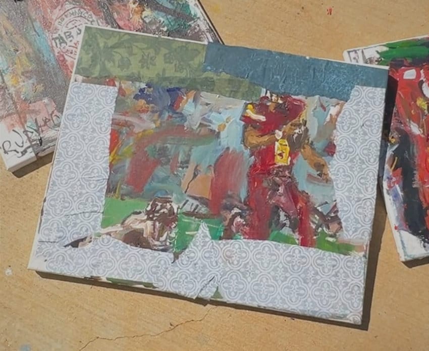 Image shows collage border in progress. It's used over a reject painting and a great way to start a loose painting.