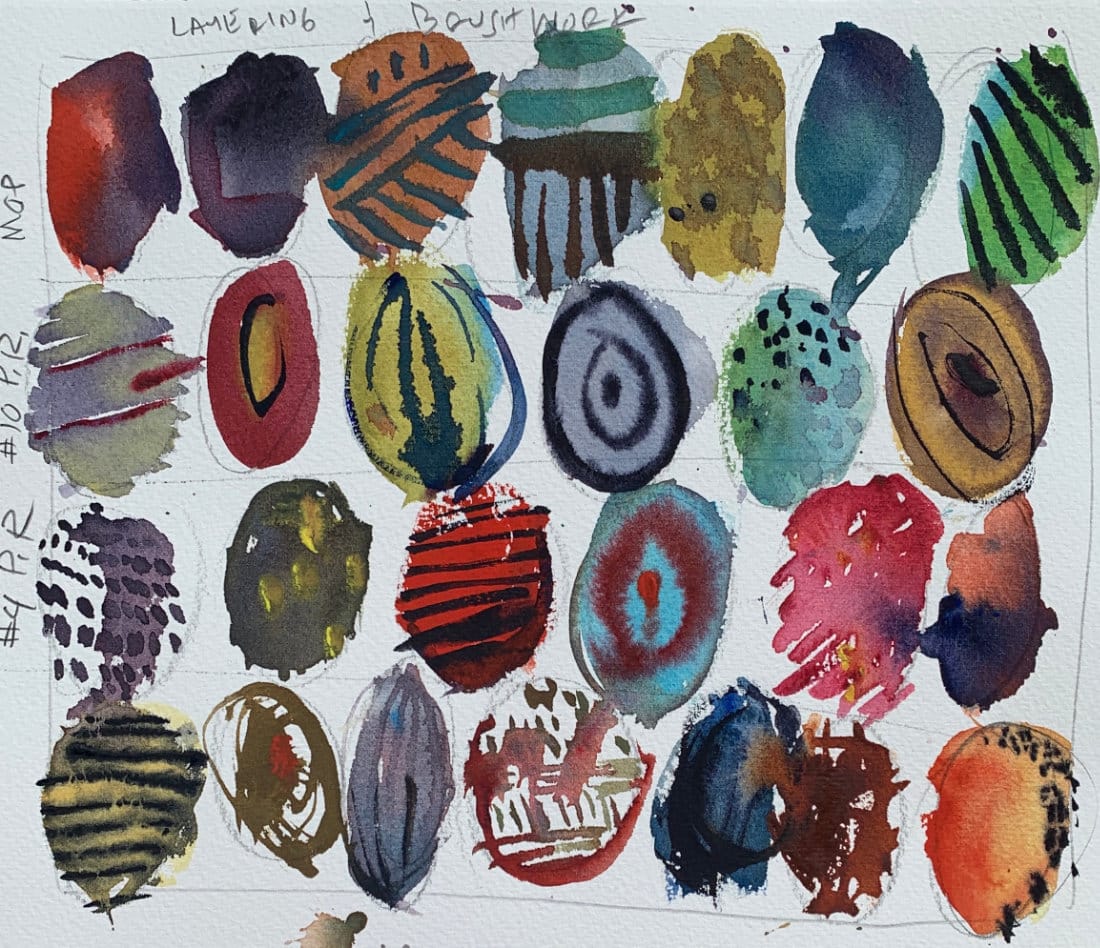 Colorful watercolor eggs project demonstration showing various brush techniques, wash methods, and experimental paint applications in organized grid format for beginner practice and technique exploration