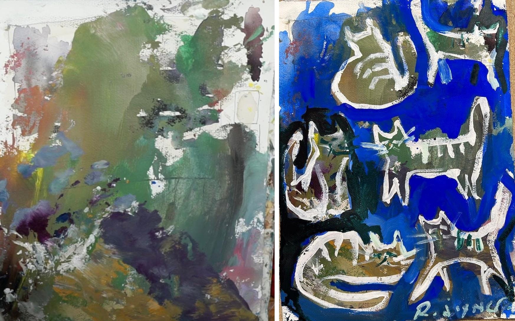 Bristol paper palette side-by-side with mixed media cat painting