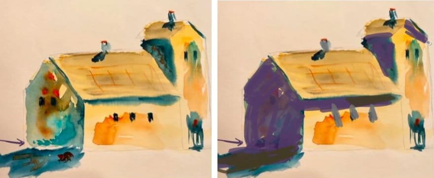 Image on left shows how shadow side is too busy and detailed, while fixed version on right is quiet and represents how shadows read in real life situations.