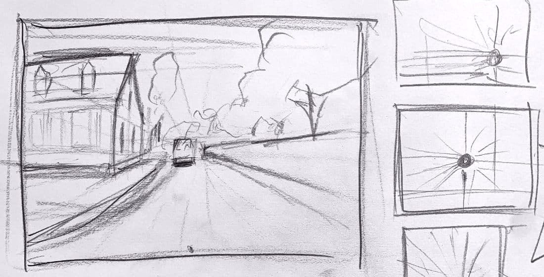 One-point perspective street scene sketch showing house, van, fence and trees with vanishing point and composition thumbnails, pencil drawing demonstration by Robert Joyner