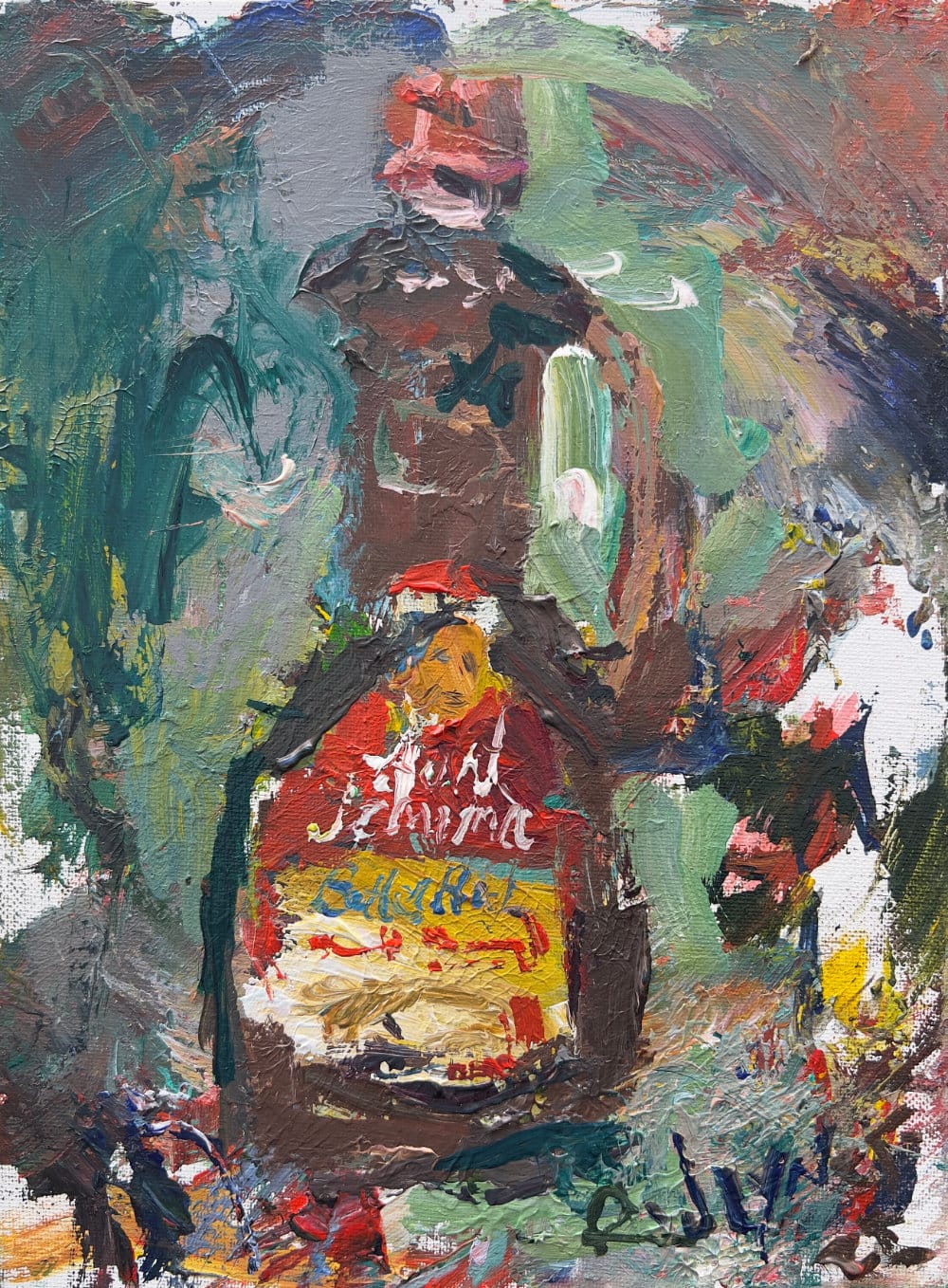 Small kitchen decor art with bottle of Aunt Jemima syrup