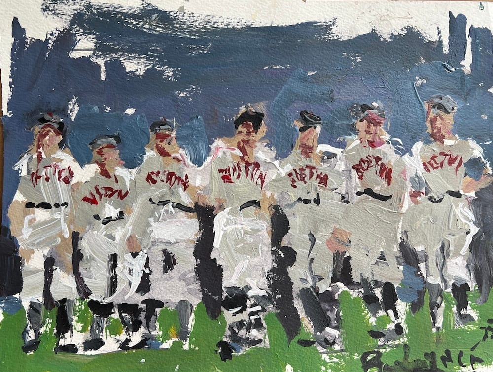 Colorful mixed media portrait of Boston Red Sox legends