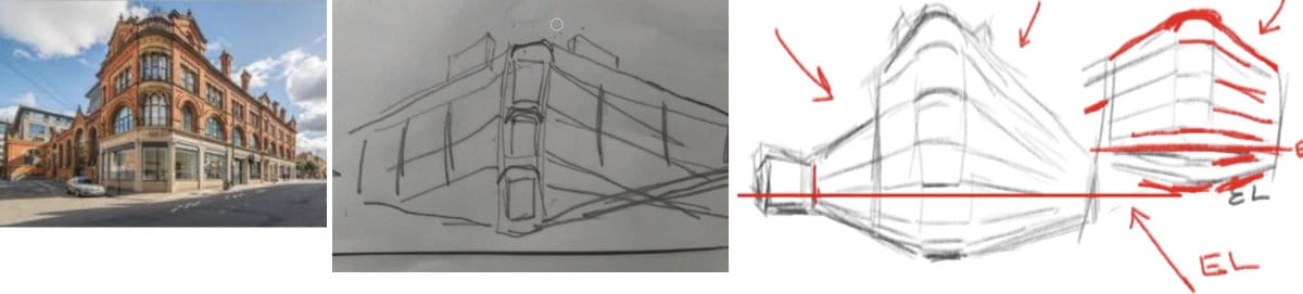 Building drawing eye level demonstration showing student perspective errors and teacher corrections with proper angle directions above and below eye level marked in red