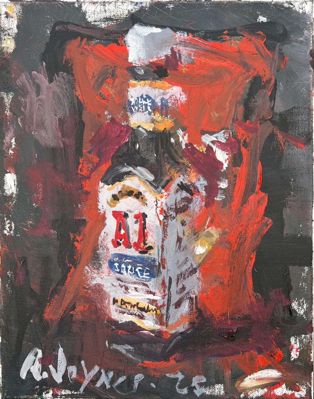 A1 steak sauce bottle pop art painting with red background, condiment brand artwork