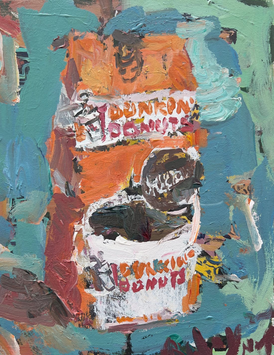 Dunkin Donuts coffee bag pop art painting in orange, coffee brand artwork for kitchen