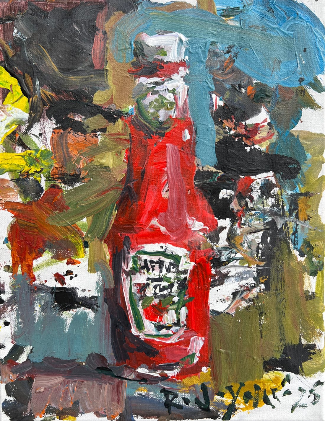 Heinz ketchup bottle pop art painting in blue and black, popular condiments brand artwork