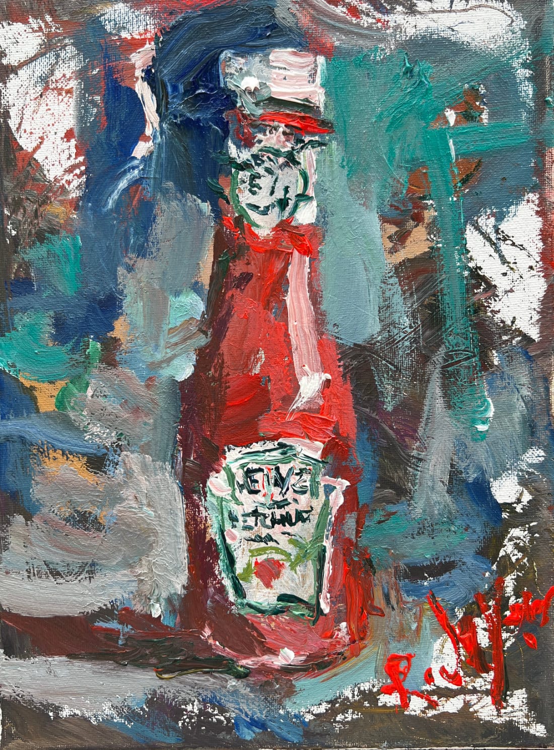 Heinz ketchup bottle pop art painting in blue and black, popular condiments brand artwork