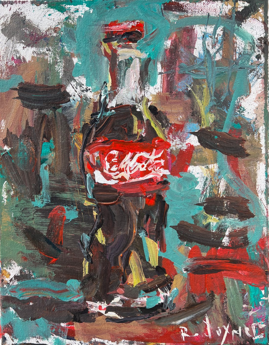 Coca-cola bottle pop art painting in teal and brown, popular soda brand artwork