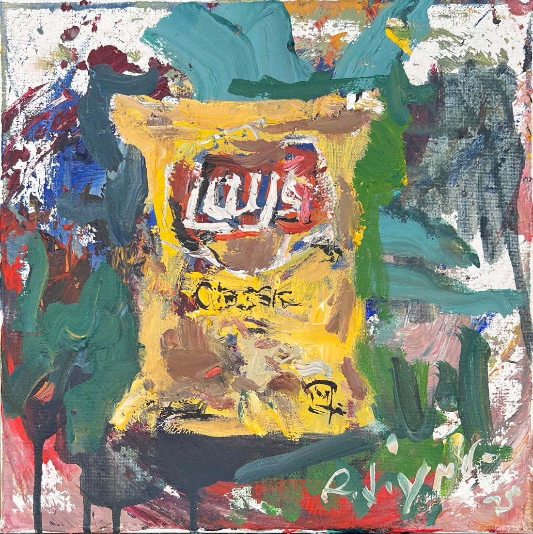 Lay's potato chips bag, pop art painting in yellow and green, popular snack brand artwork