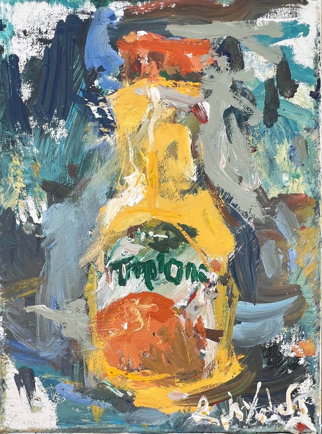 Orange juice bottle pop art painting in yellow and green, sparkling water brand artwork