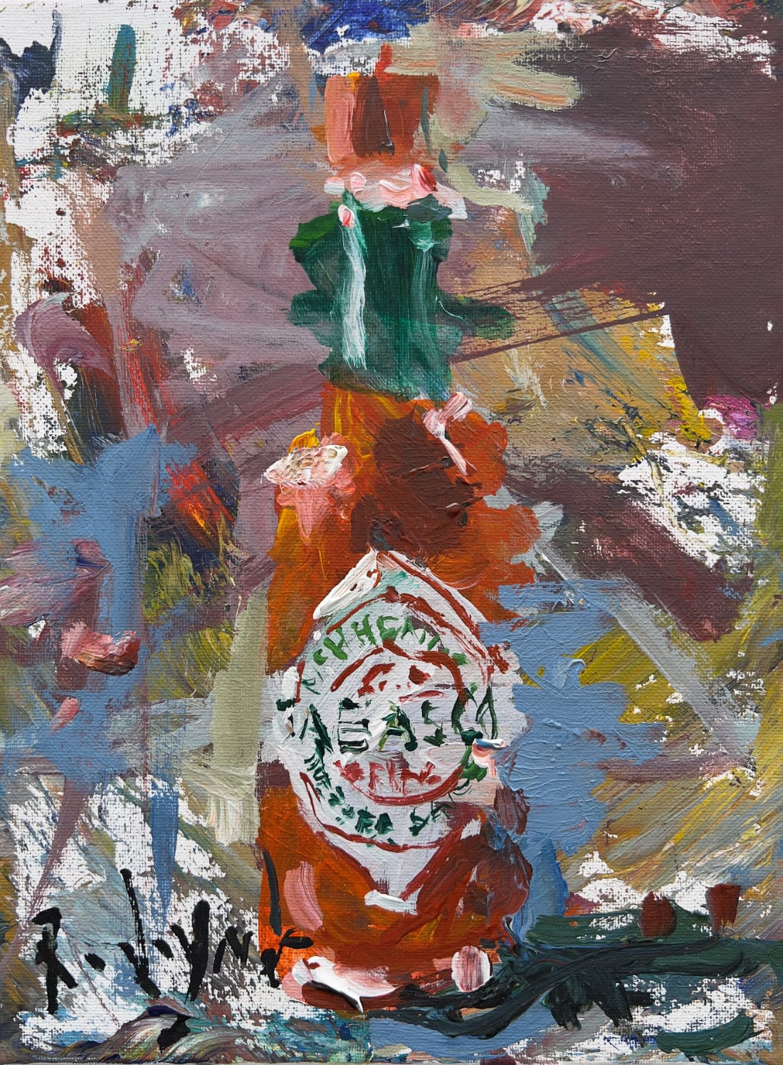 Tabasco sauce bottle pop art painting with green and red, hot sauce brand artwork