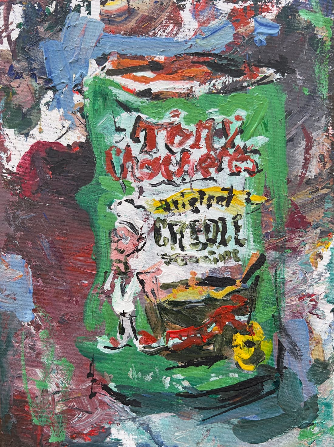 Tony Chachere's creole seasoning pop art painting with green and red, brand artwork