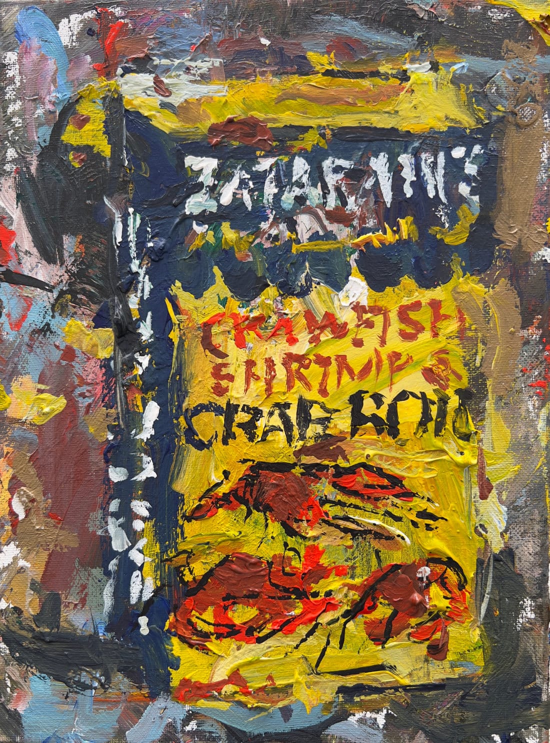 Zatarains Creole seafood seasoning pop art painting in bright yellow, colorful food artwork for kitchen decor