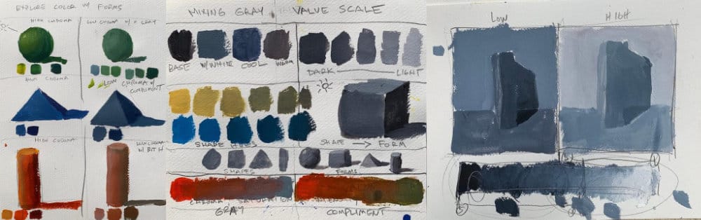 Acrylic painting demos showing value and color exercises: high vs low chroma on basic shapes, gray mixing and value scales, and high-key vs low-key studies.