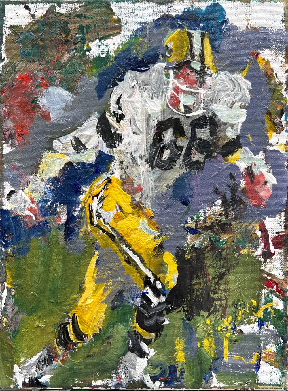 Original Green Bay Packers football player painting, expressive acrylic artwork by Robert Joyner