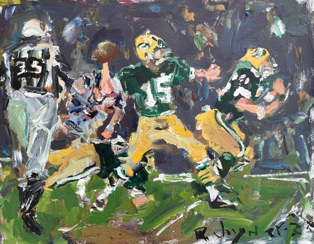 Green Bay Packers game action original painting with jersey numbers, acrylic sports art by Robert Joyner