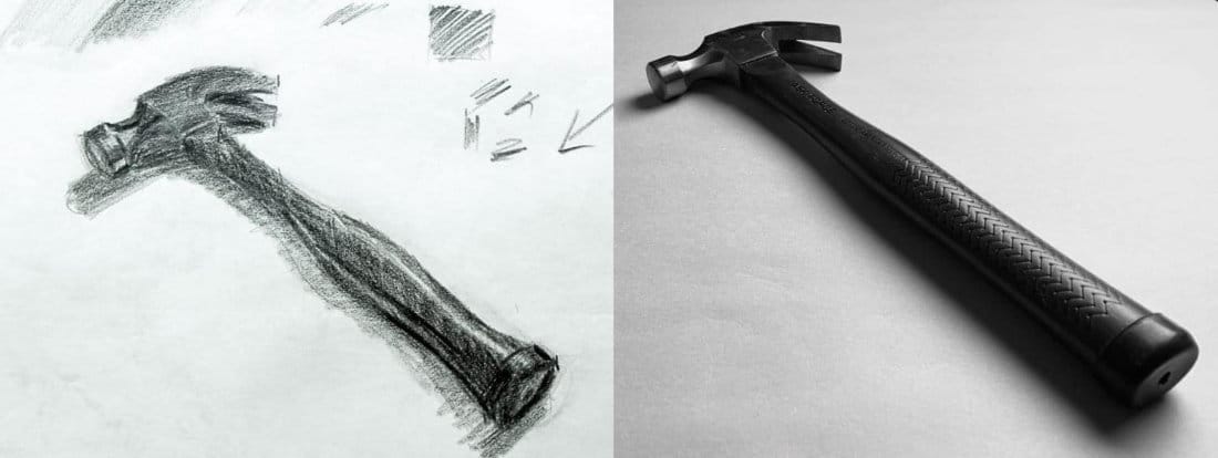 Beginner drawing project using forms and shading techniques - hammer