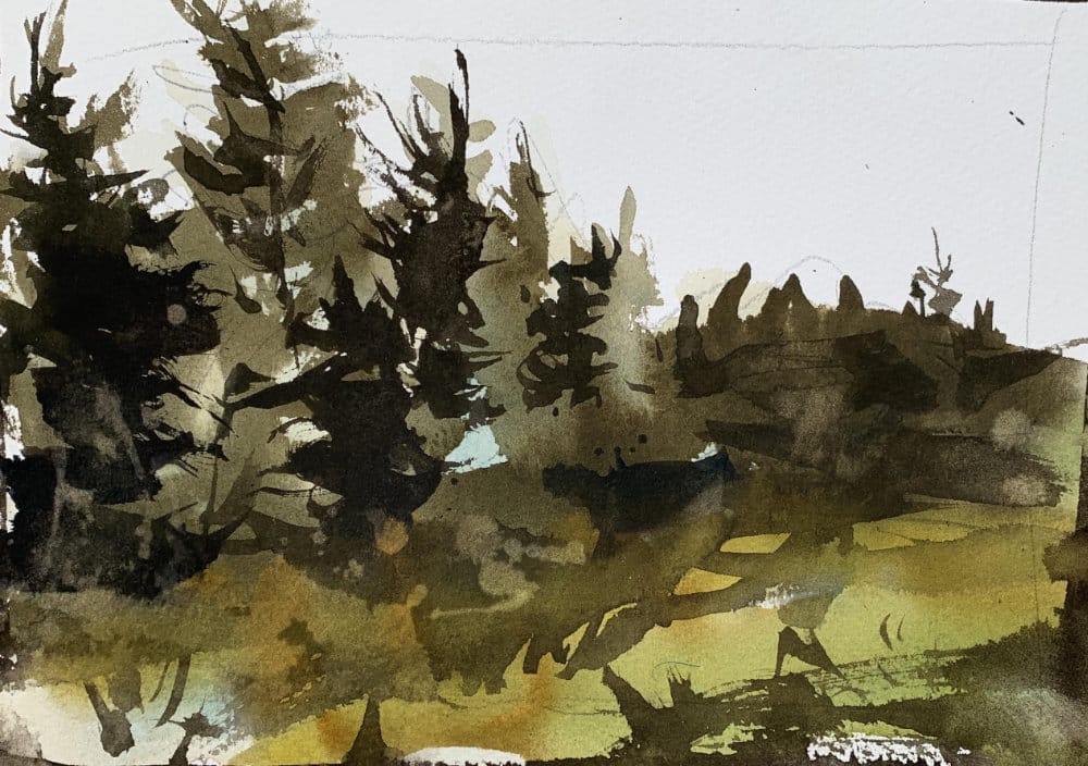 Ground planes and tress with watercolor
