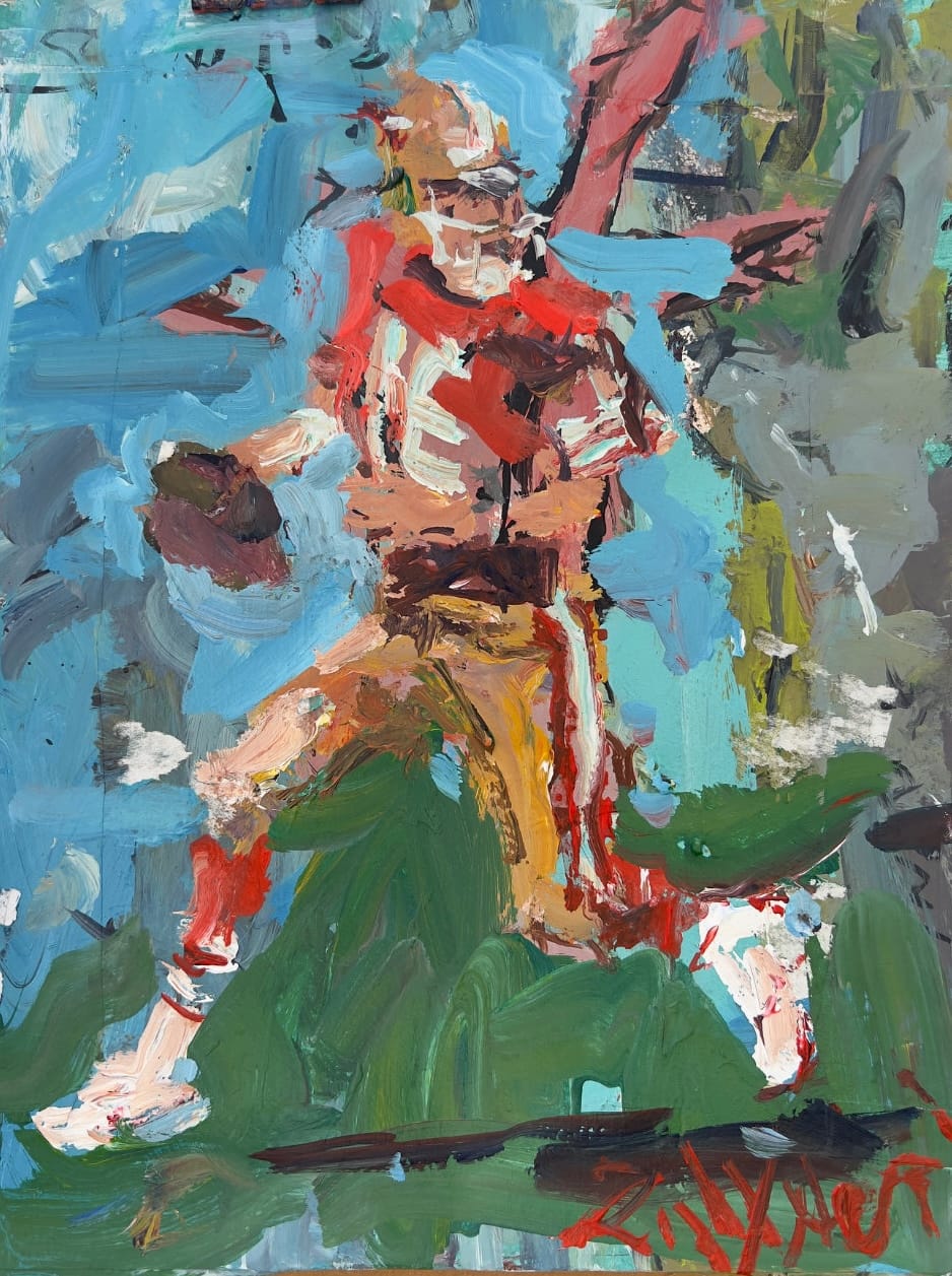 Joe Montana San Francisco 49ers quarterback original painting, expressive acrylic sports art by Robert Joyner