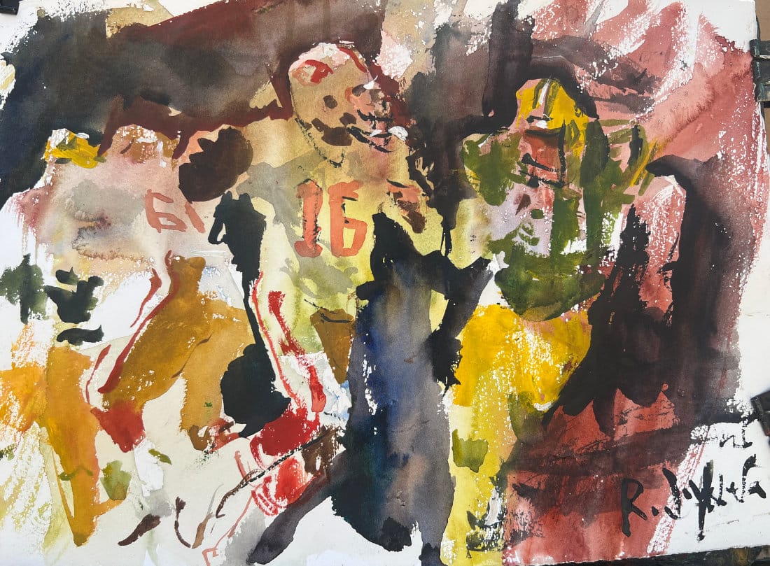 Joe Montana number 16 San Francisco 49ers versus Packers original watercolor painting by Robert Joyner