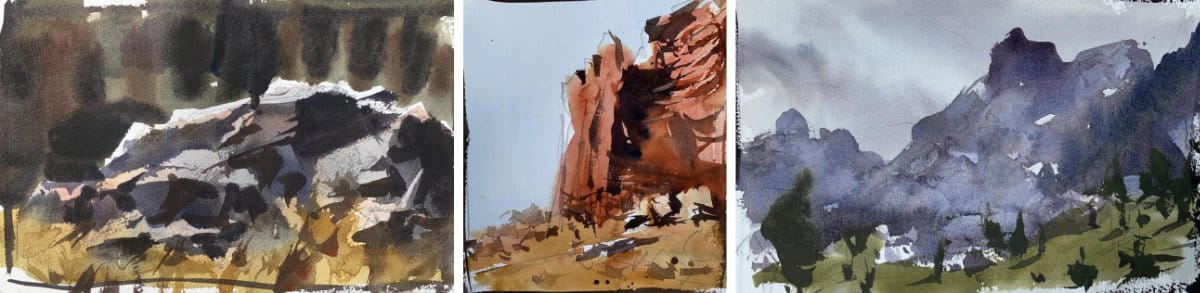 Painting rocks and mountains with watercolor