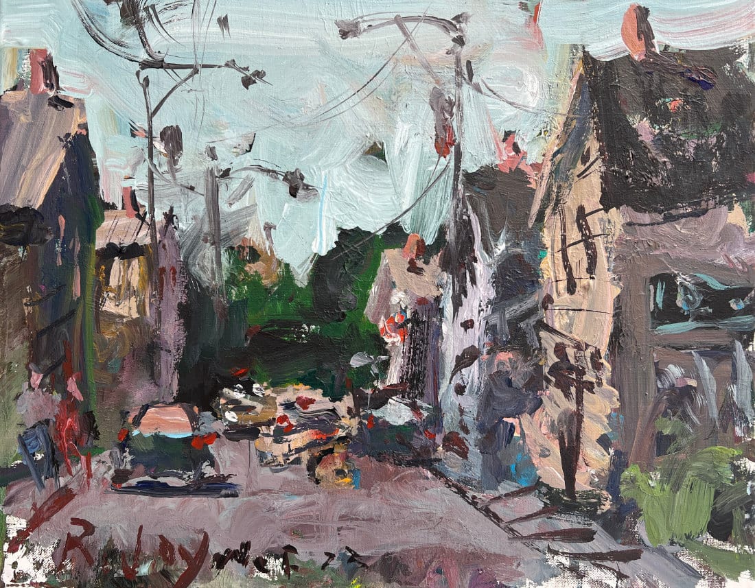 Expressive painting demonstrating limited palette technique using primarily greens, grays, and earth tones with selective red accents, showing how color restriction creates cohesion while maintaining visual interest through varied mixing