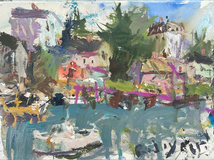 Loose mixed media landscape painting - Maine coast and lobster boats