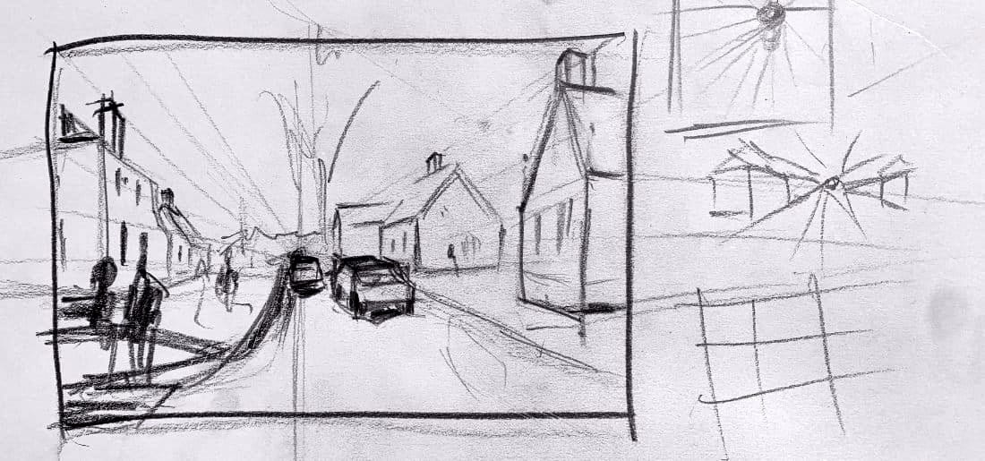 Street scene drawing demonstration showing offset vanishing point with starburst perspective lines, houses and cars, including composition thumbnails, pencil sketch by Robert Joyner