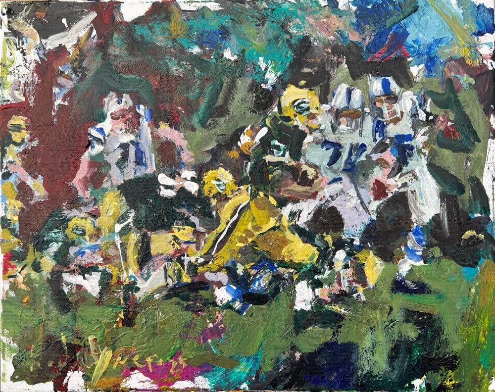 Green Bay Packers football legends original team painting, expressive acrylic artwork by Robert Joyner