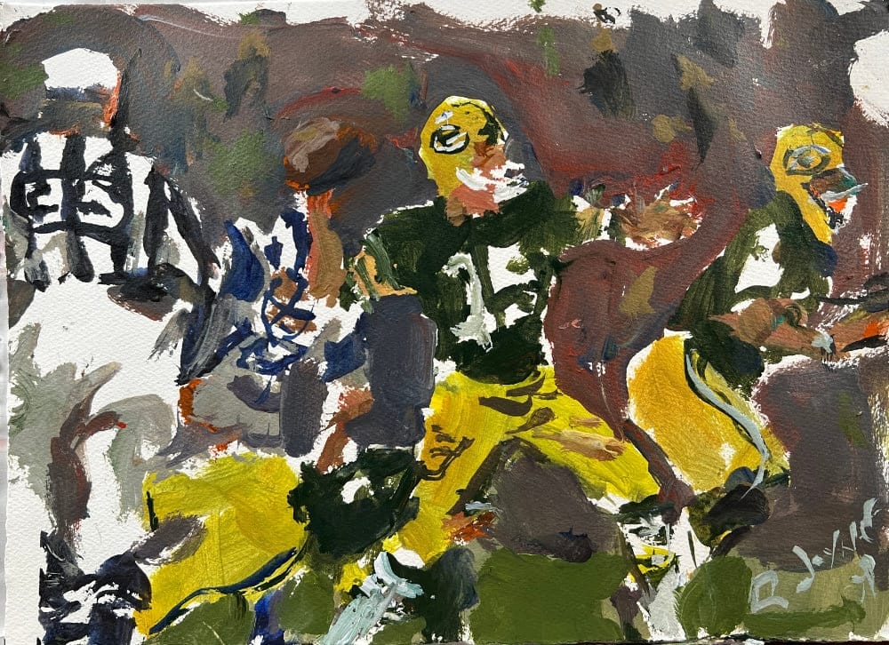 Green Bay Packers game action original painting with jersey numbers, acrylic sports art by Robert Joyner