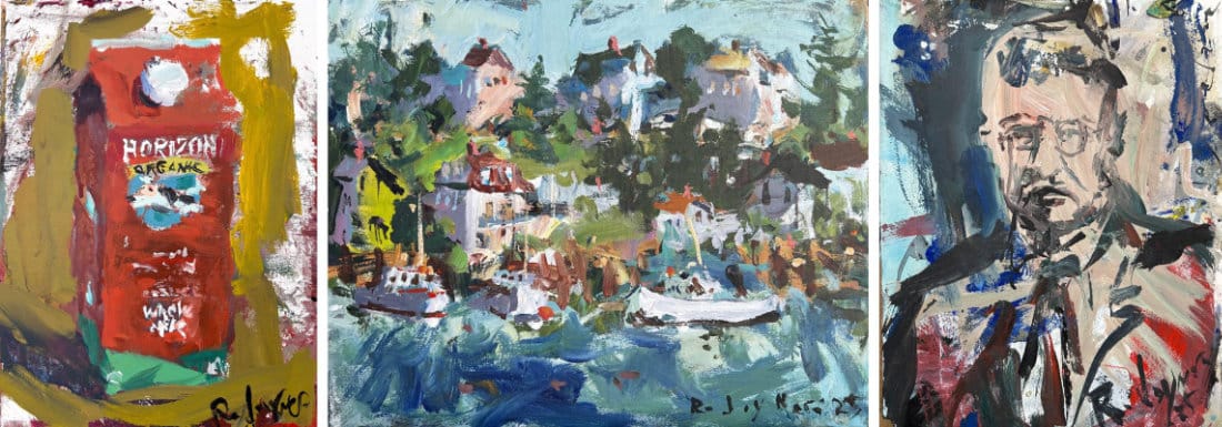 Collage of painterly acrylic paintings: bold Horizon milk carton still life, expressive harbor landscape, and loose portrait of Theodore Roosevelt