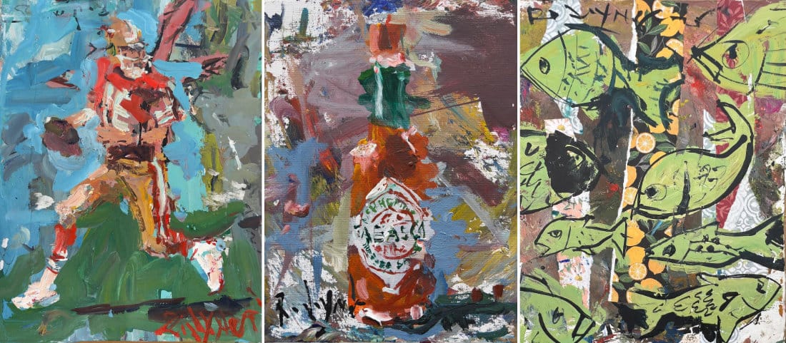 Horizontal collage showing painterly style in action: loose football painting, expressive Tabasco bottle still life, and bold mixed media fish collage