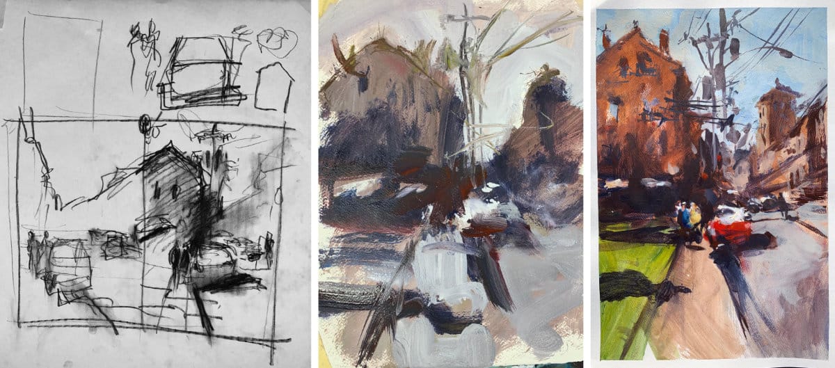 Complex scene simplification process showing original reference photo, simplified value study, and finished painterly landscape painting