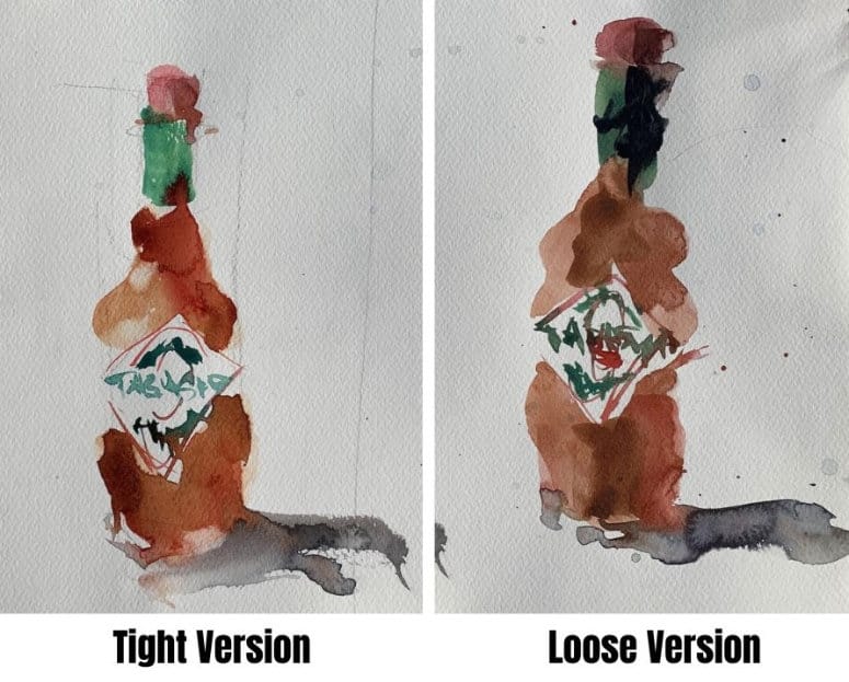 Three-stage painterly watercolor demonstration showing initial sketch, first wash, and finished Tabasco bottle painting with confident brushwork